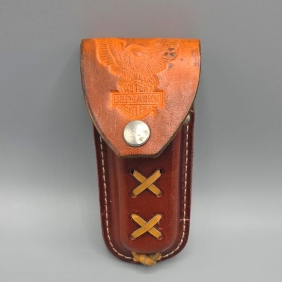 Harley-Davidson Brown and Orange Leather Bag with Cross-Stitch Design